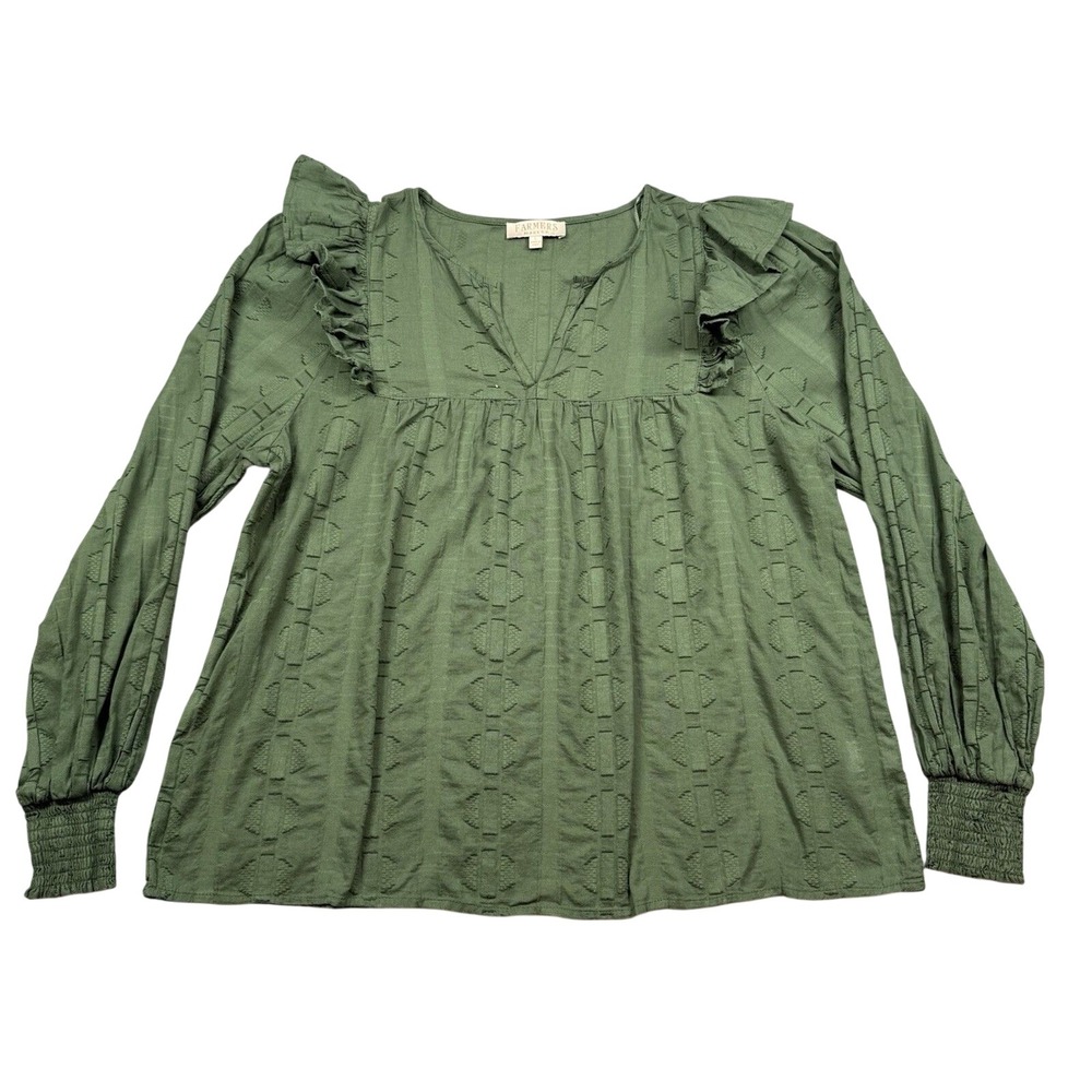 Farmer's Market Shirt Womens Large Green Cotton Long Sleeve Blouse Peasant Boho